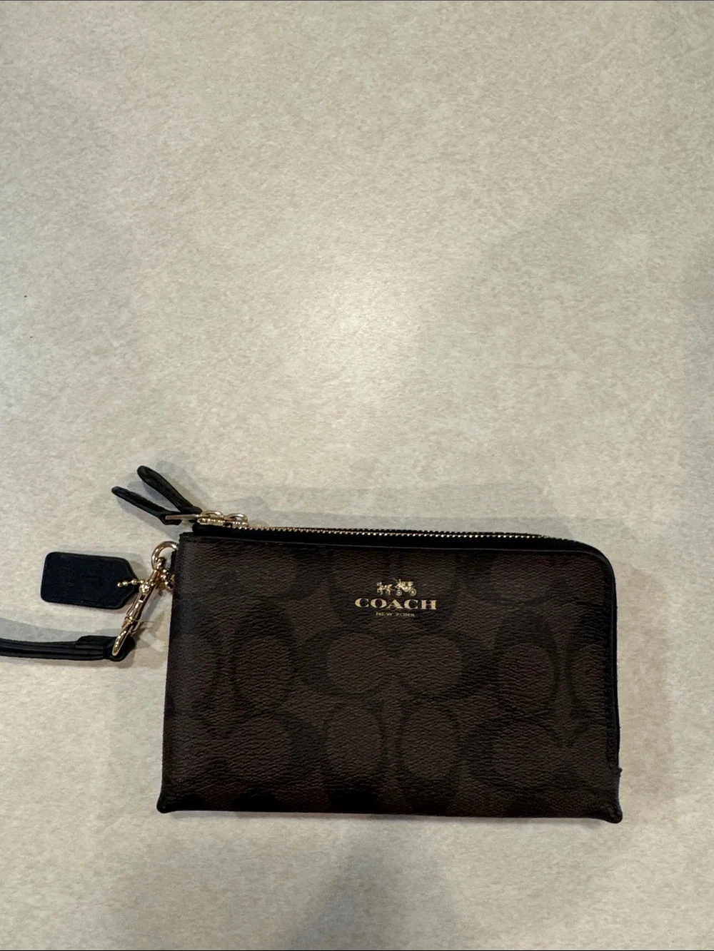 Coach Dark Brown Signature Double Zip Wristlet with Gold Hardware